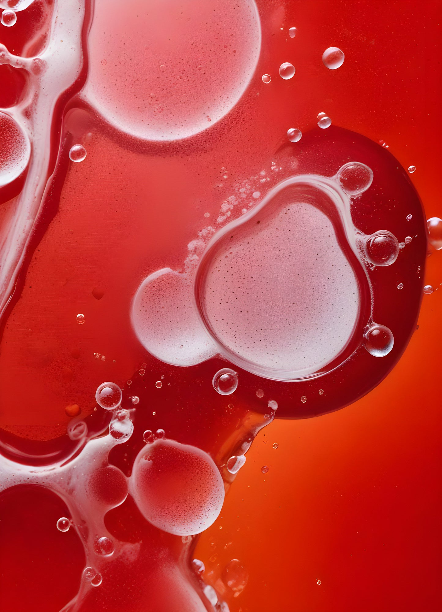 Abstract close-up of red liquid with bubbles and droplets, showcasing the interplay of colors and textures in a vibrant manner. Generative AI