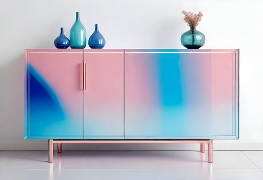 Modern cabinet with ombre pink and blue finish displayed against a white wall featuring decorative vases in a bright room