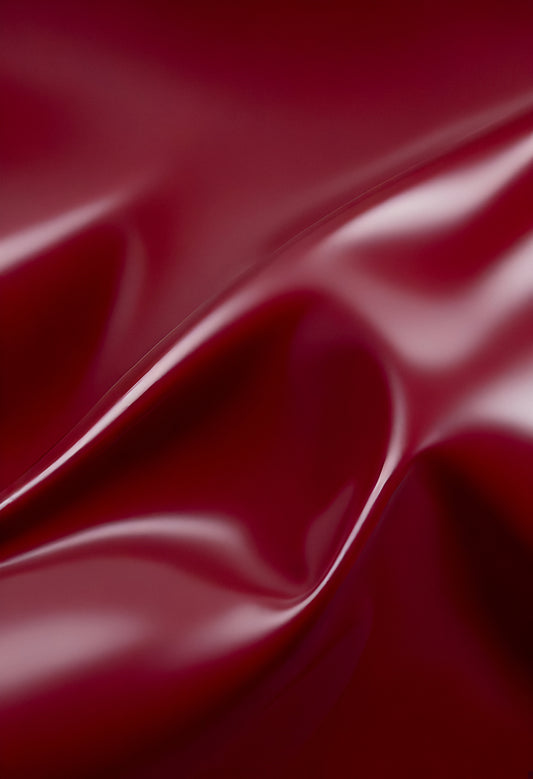 A close-up of deep red glossy leather fabric with soft, flowing folds illuminated by gentle light