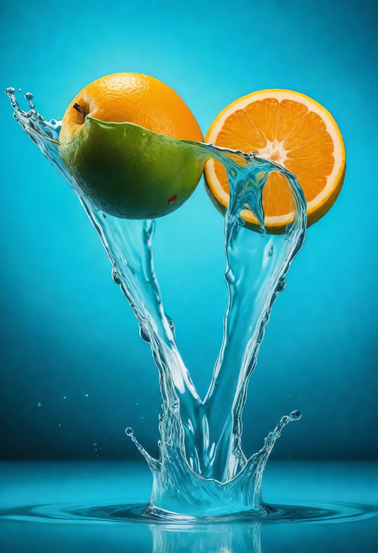 Fresh oranges splash into vibrant blue water creating dynamic waves and droplets in a refreshing burst of citrus energy