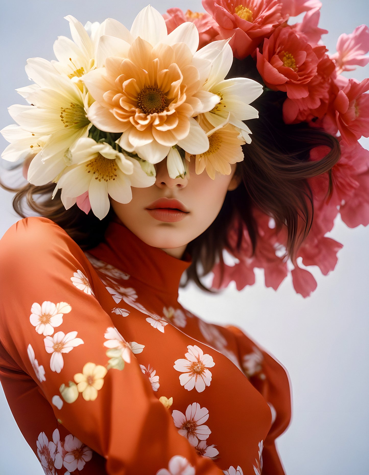 A young woman poses with a striking floral headdress, wearing a vibrant dress adorned with flowers in a soft light setting