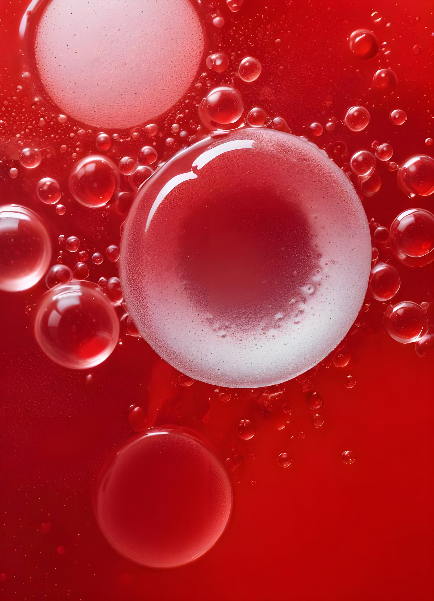 Abstract close-up of red liquid with bubbles and droplets, showcasing the interplay of colors and textures in a vibrant manner. Generative AI