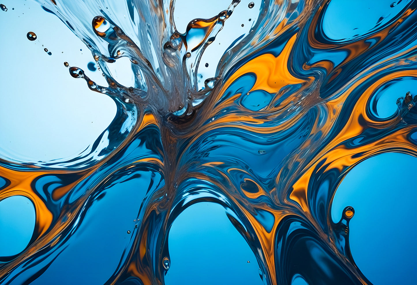 Colorful water splash abstract art created in a studio with blue and gold hues