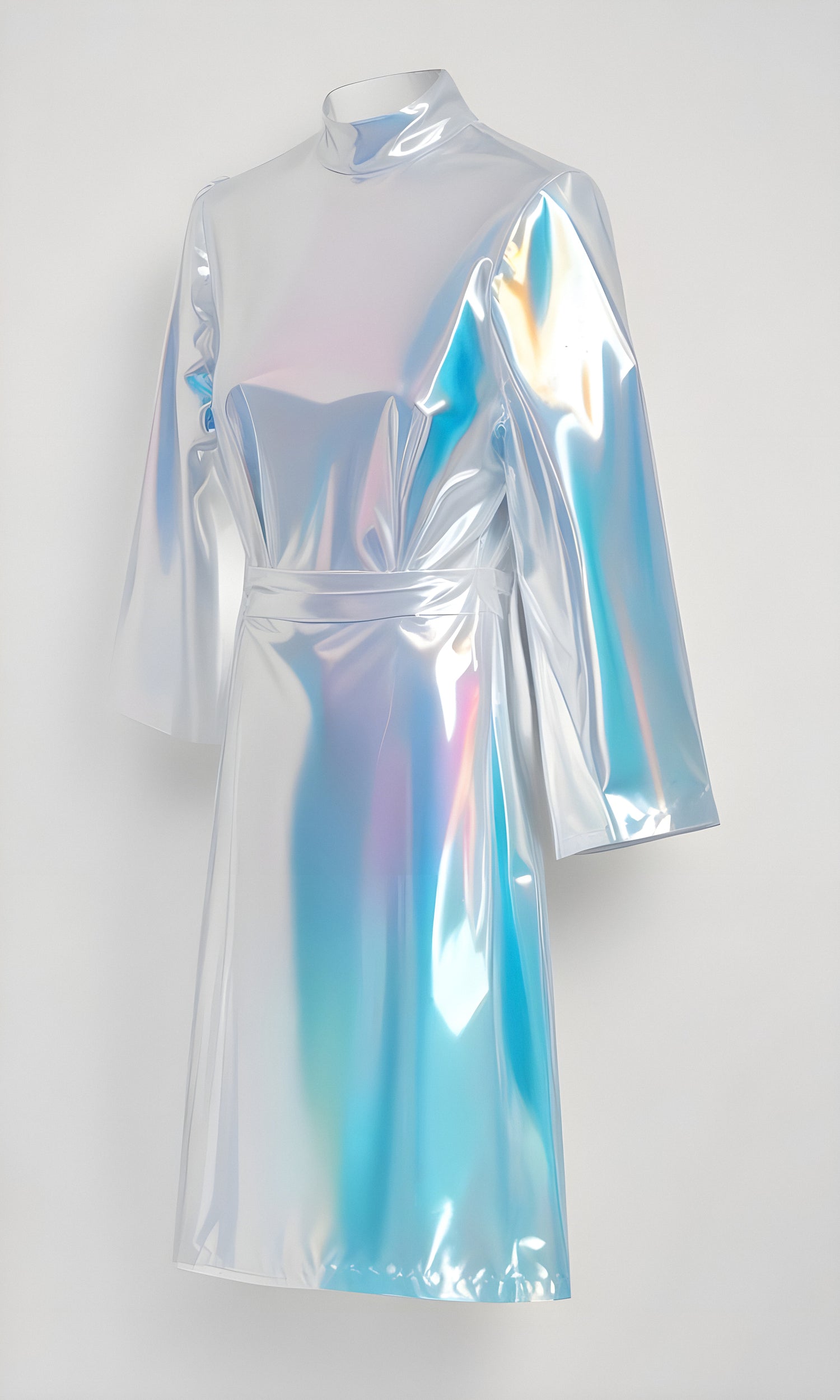 Shiny silver dress with reflective surfaces hanging on a wall in a boutique showcasing modern fashion trends