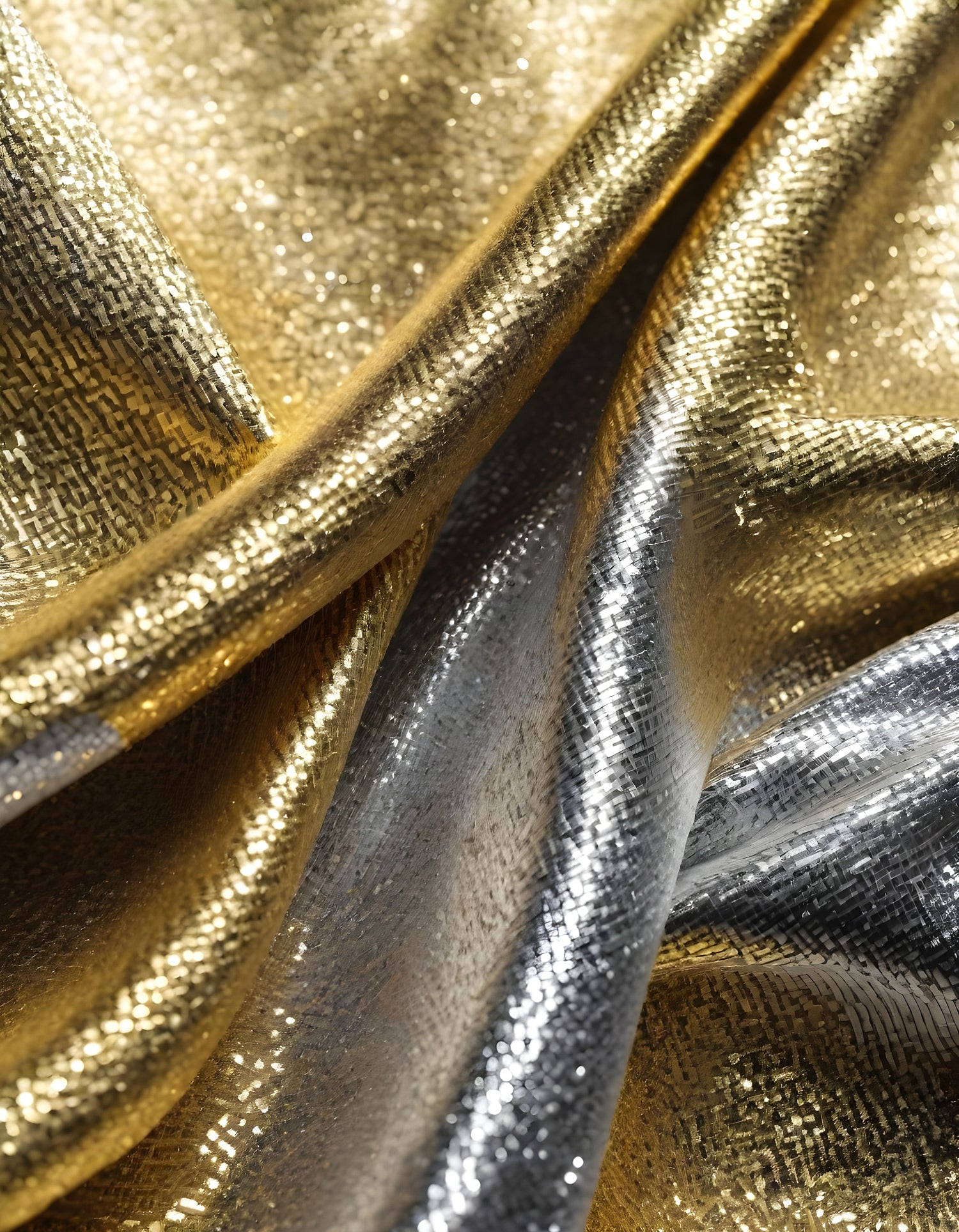 Metallic golden and silver fabric creates elegant textures with intricate folds and reflections under soft lighting