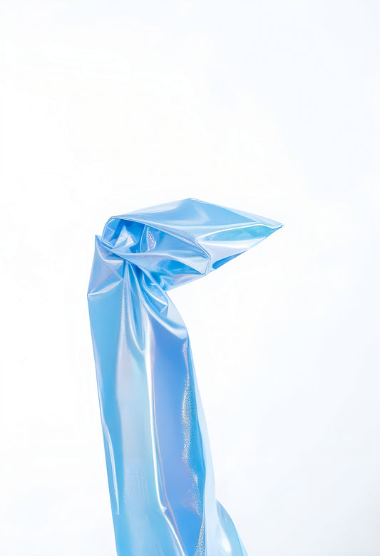 A blue plastic sheet gracefully folds into a tapered shape against a white background, showcasing texture and color contrast in a minimalist style