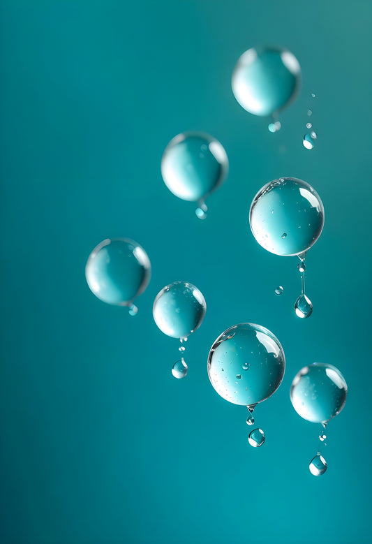 Water droplets on a thin surface with a blurred turquoise background amidst soft light reflections. Generative AI