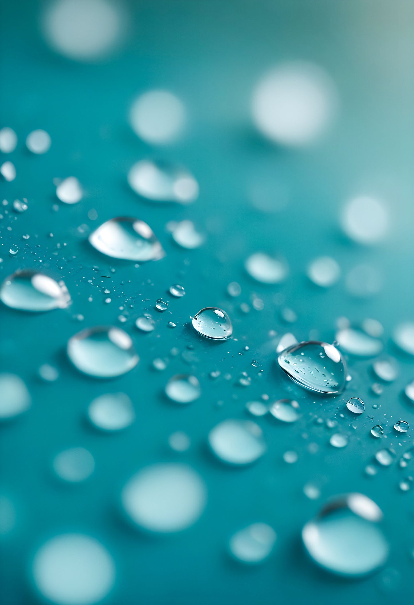 Water droplets on a thin surface with a blurred turquoise background amidst soft light reflections. Generative AI