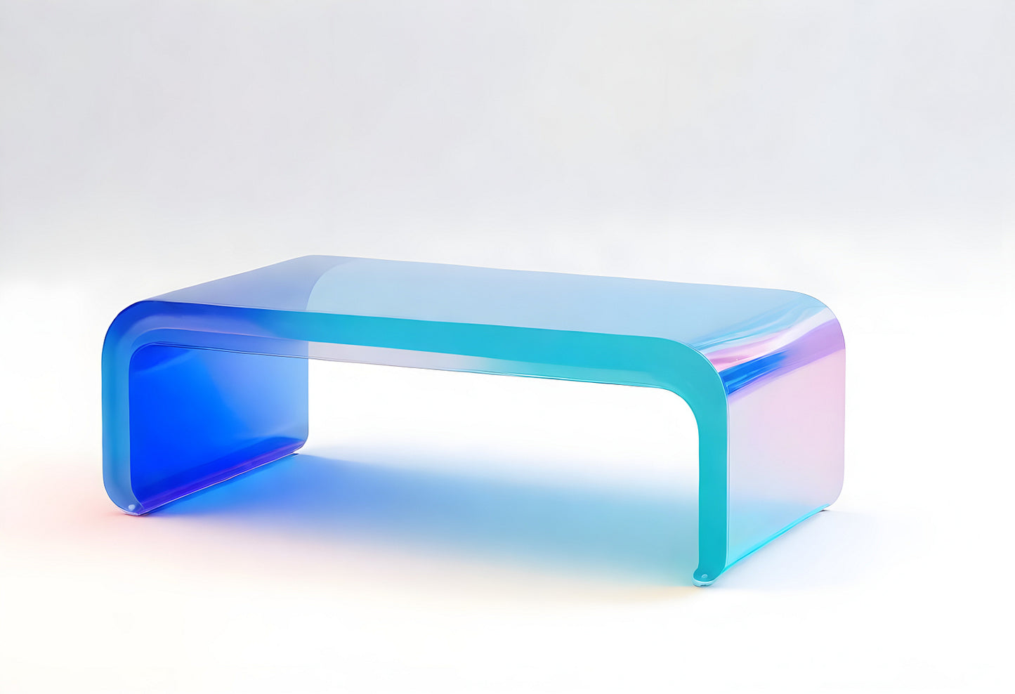 Stylish modern coffee table made from transparent acrylic in vibrant blue and cyan tones placed on a minimalist backdrop