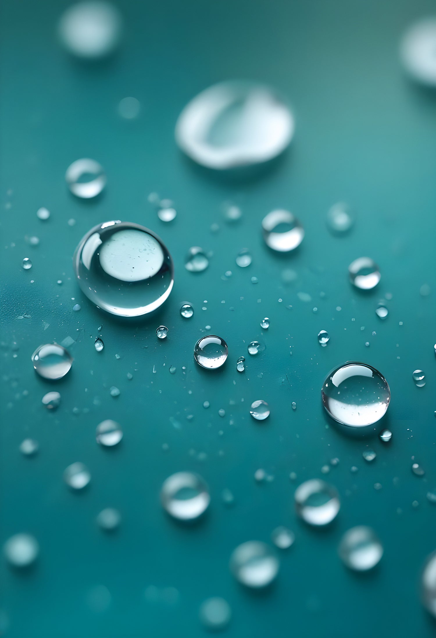 Water droplets on a thin surface with a blurred turquoise background amidst soft light reflections. Generative AI