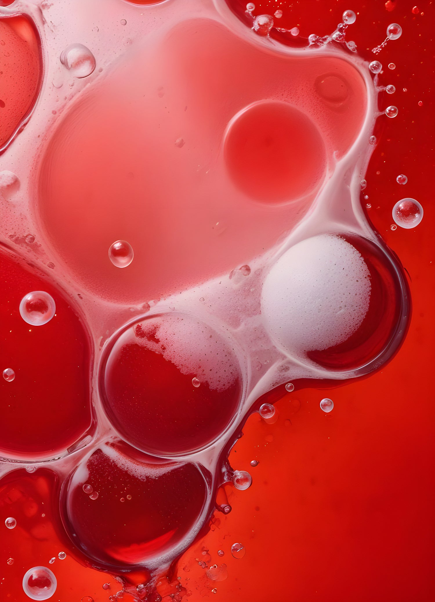 Abstract close-up of red liquid with bubbles and droplets, showcasing the interplay of colors and textures in a vibrant manner. Generative AI