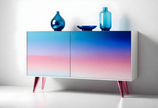 Stylish modern cabinet displaying a blue and pink gradient design with decorative glass vases and a bowl