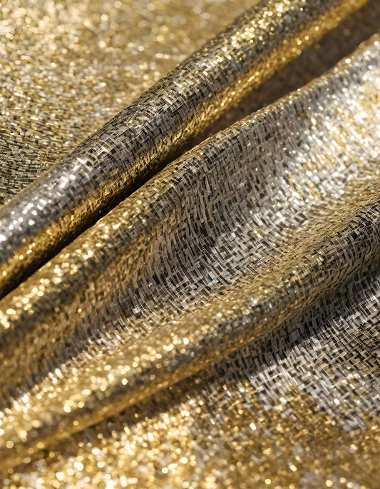 Sparkling golden fabric draping gracefully under soft light during a creative textile project