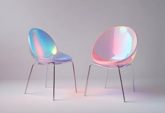 Modern transparent chairs with iridescent finish in a minimalist interior setting