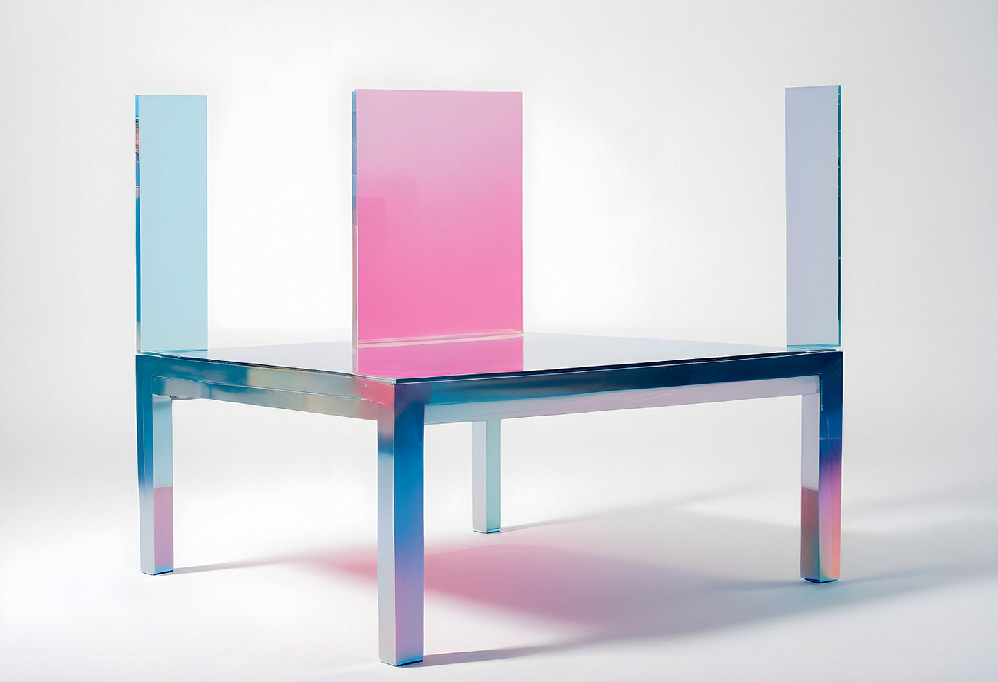 A modern glass table featuring transparent pink-tinted panels and a sleek design, showcasing contemporary furniture aesthetics