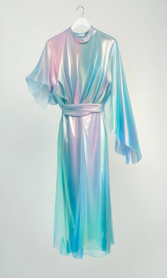 Sheer iridescent dress on display, showcasing soft pastel colors and flowing fabric, perfect for a spring fashion collection presentation