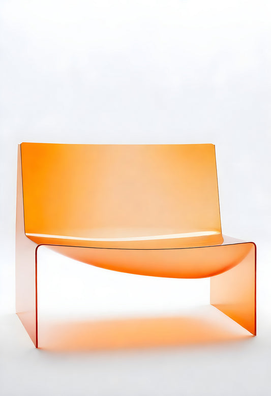 Modern transparent orange chair designed with simple curves and minimalism, showcased against a bright white background