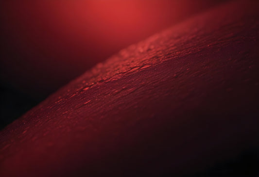 Close-up of a textured surface illuminated by soft red light in a dimly lit environment