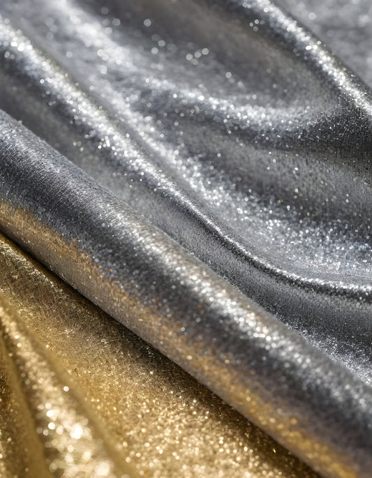 Metallic golden and silver fabric creates elegant textures with intricate folds and reflections under soft lighting