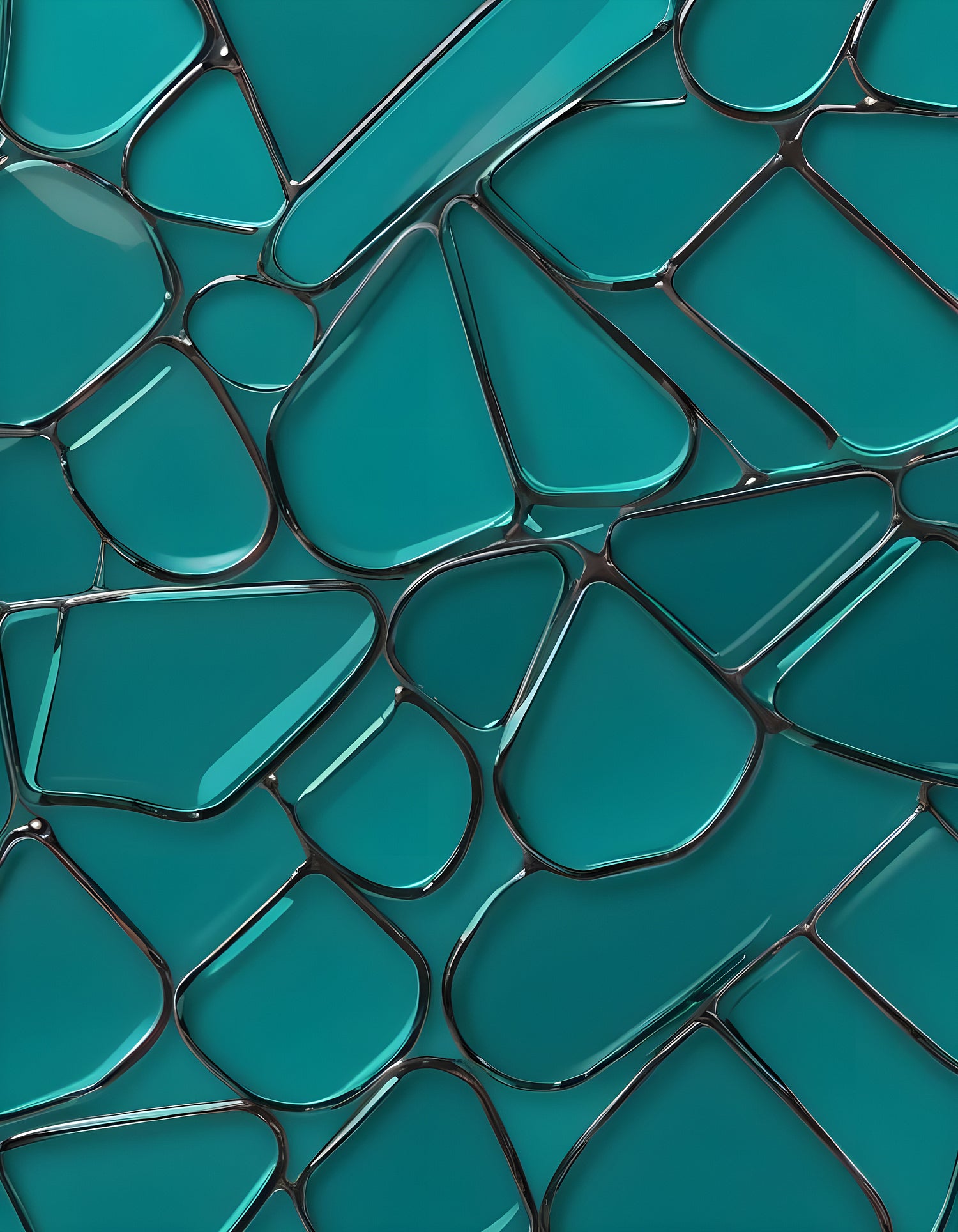 Abstract teal wall design featuring varying glass-like panels in a contemporary setting. Generative AI