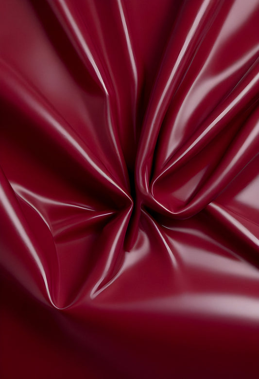 A close-up of deep red glossy leather fabric with soft, flowing folds illuminated by gentle light