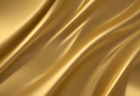 Golden satin fabric drapes elegantly with gentle waves under soft light. Generative AI