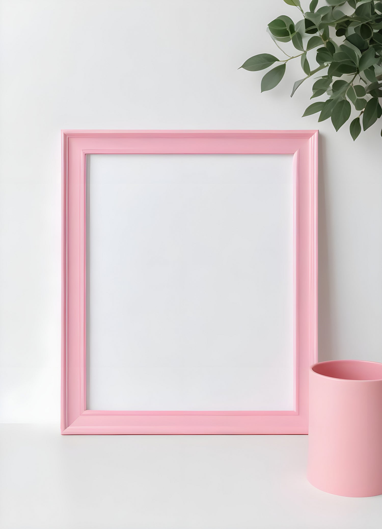 Decorate your space with a pink picture frame and a minimalist plant pot on a clean, bright tabletop