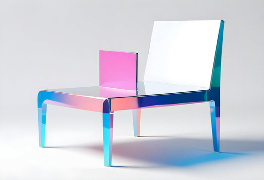 A modern chair design with a reflective surface featuring a gradient of colors, displayed against a minimalistic backdrop