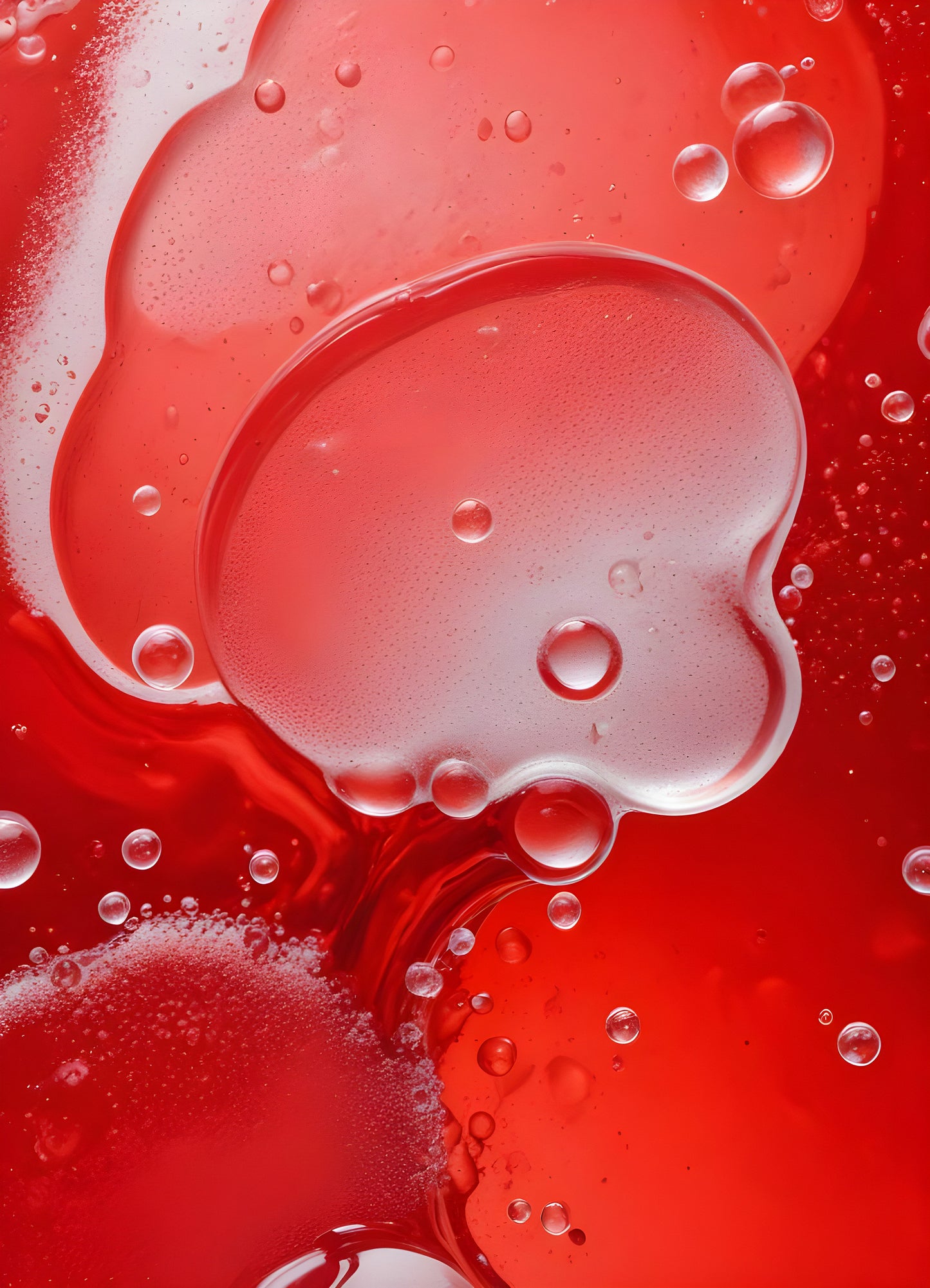 Abstract close-up of red liquid with bubbles and droplets, showcasing the interplay of colors and textures in a vibrant manner. Generative AI