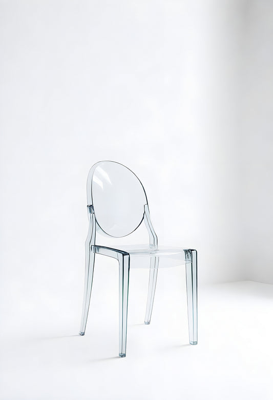 Clear contemporary chair design showcased against a minimal white background for modern interior inspiration