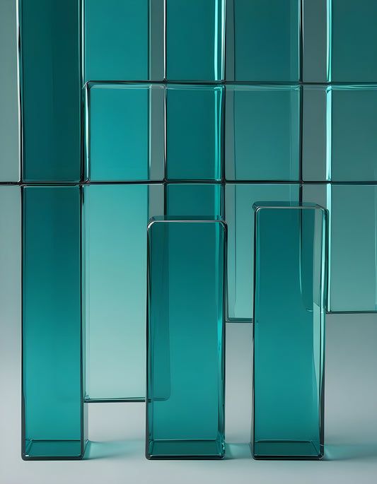 Abstract teal wall design featuring varying glass-like panels in a contemporary setting. Generative AI