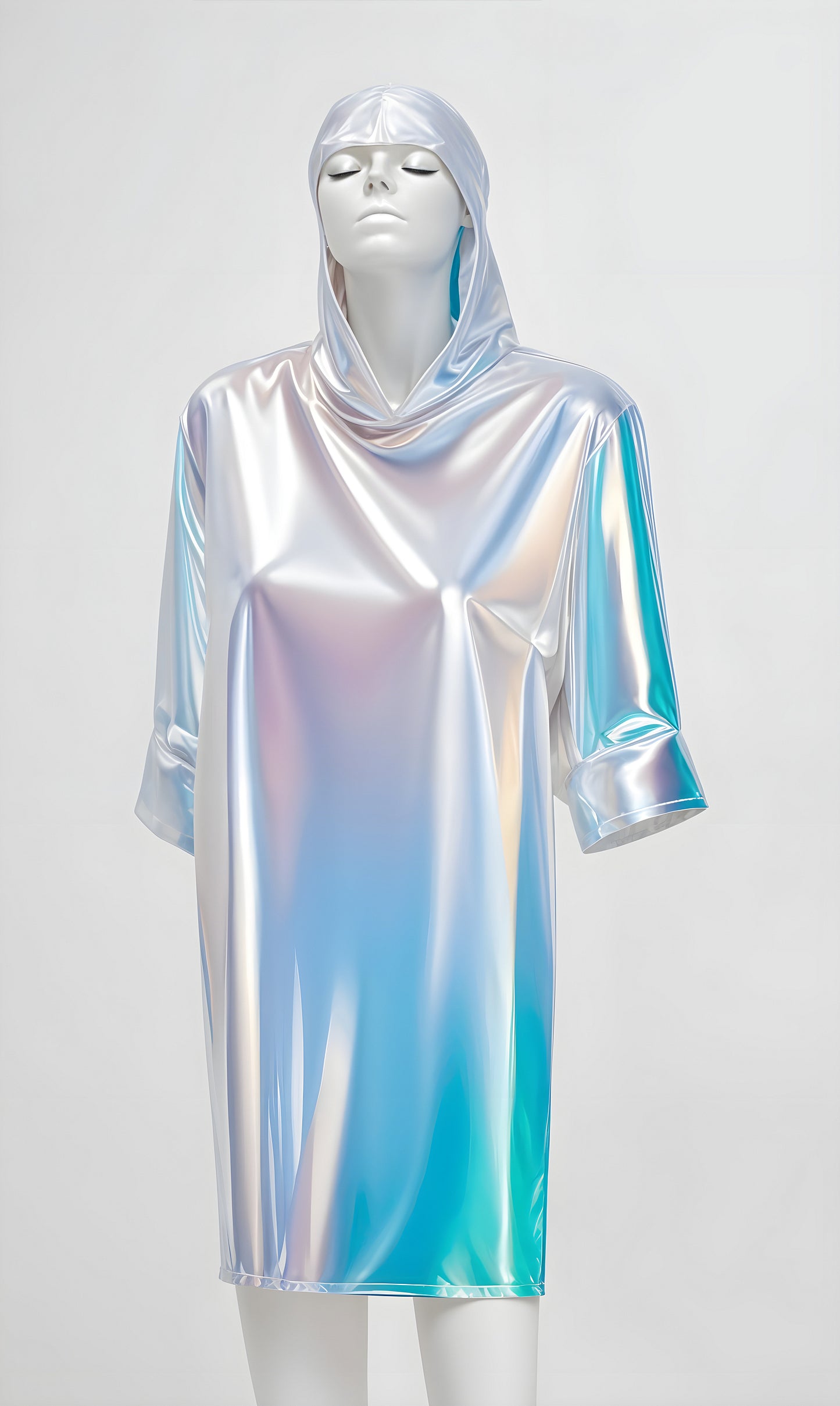 A dazzling iridescent hoodie dress displayed on a mannequin with a minimalist background showcasing contemporary fashion trends