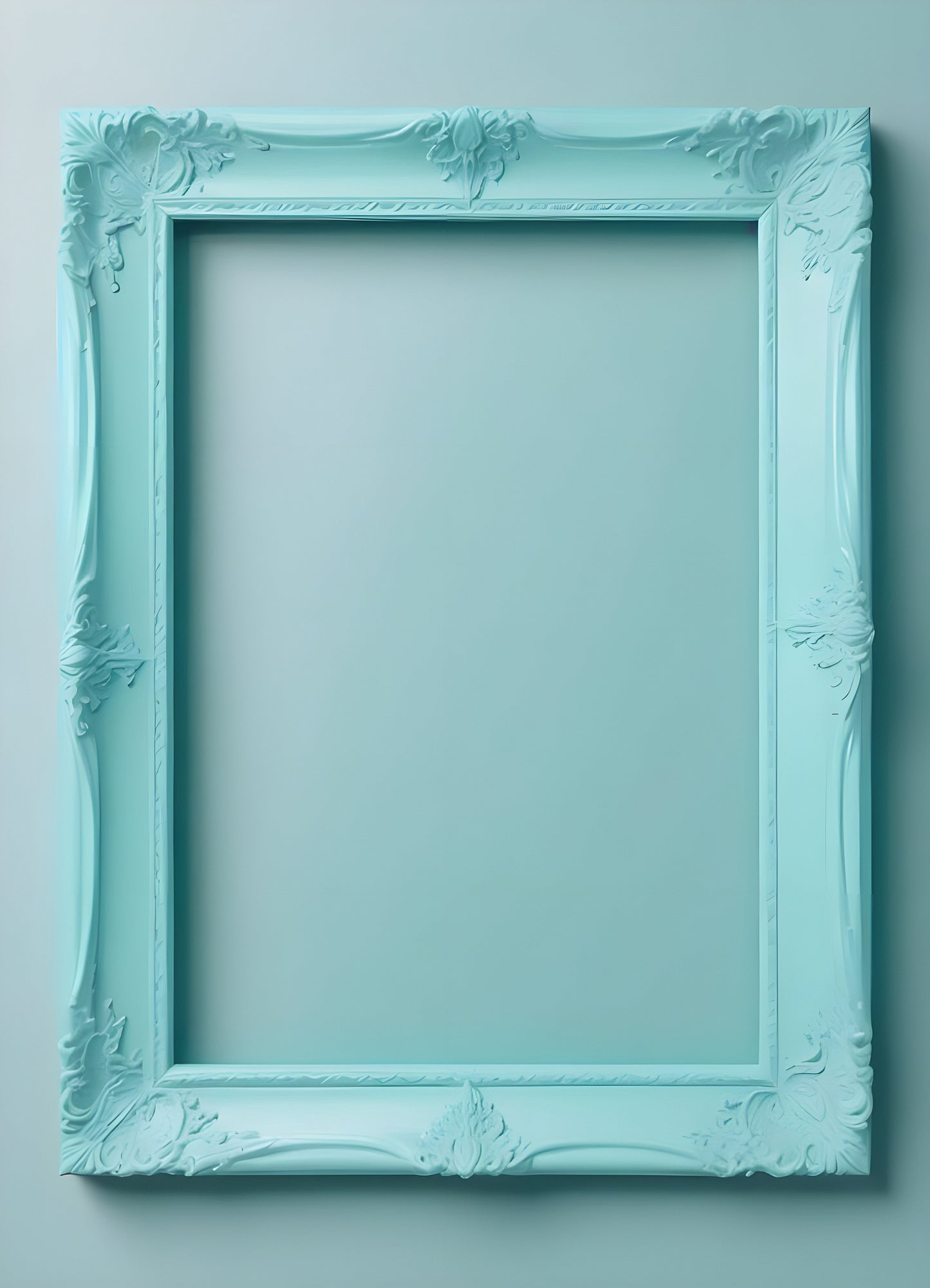 Decorative empty light blue picture frame on a smooth pastel background, showcasing minimalist design and elegant craftsmanship