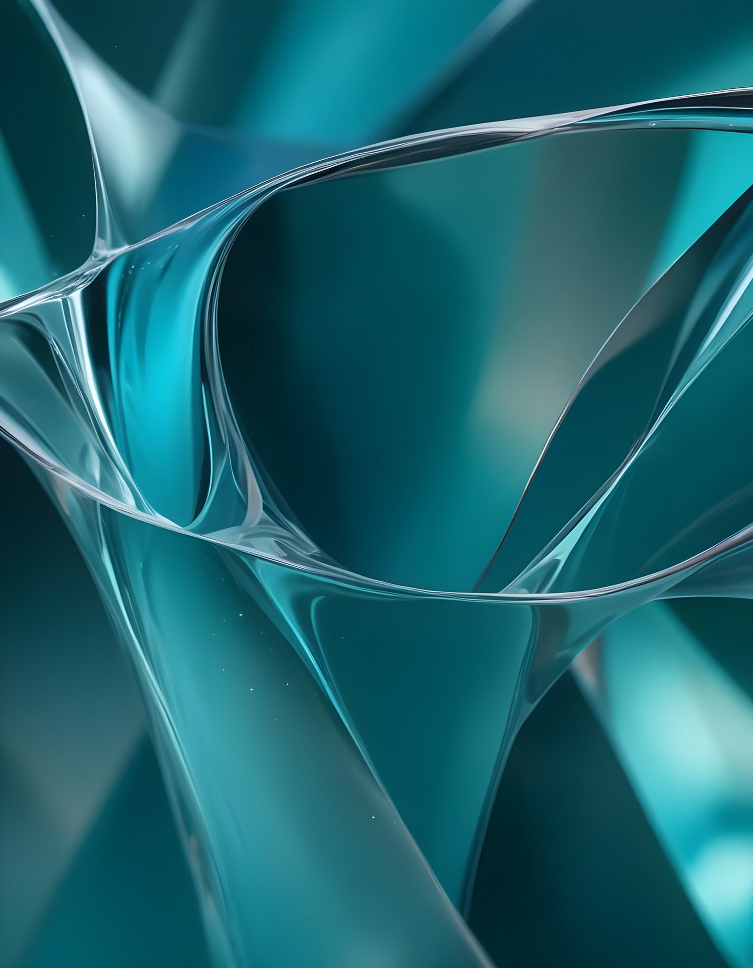 Abstract close-up of translucent teal plastic material with swirling reflections and curves