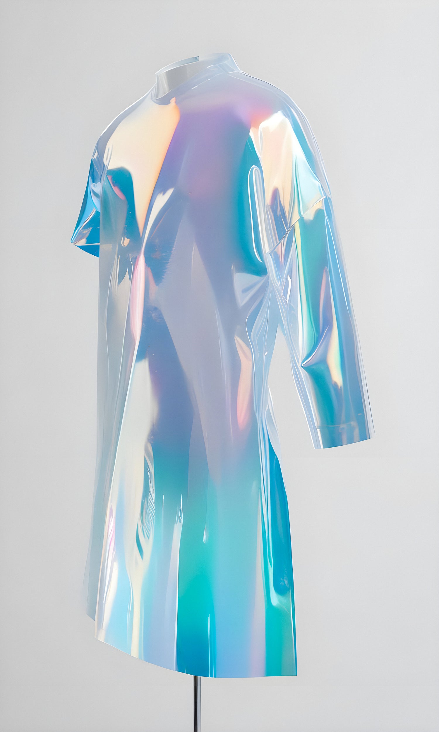 Shiny holographic dress displayed on a mannequin against a light background in a fashion studio