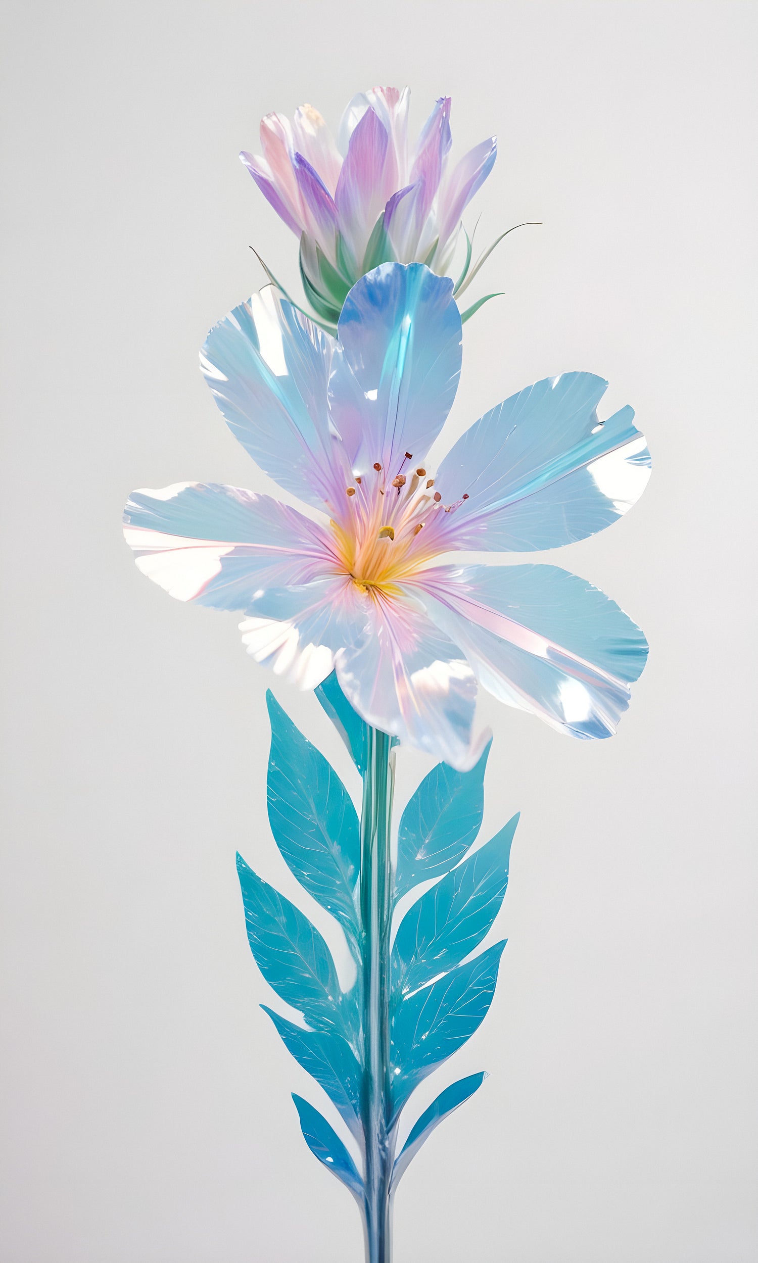 A delicate iridescent flower with a soft purple bud showcasing unique colors against a neutral background