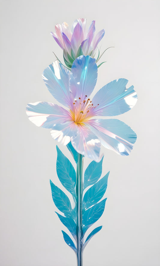 A delicate iridescent flower with a soft purple bud showcasing unique colors against a neutral background