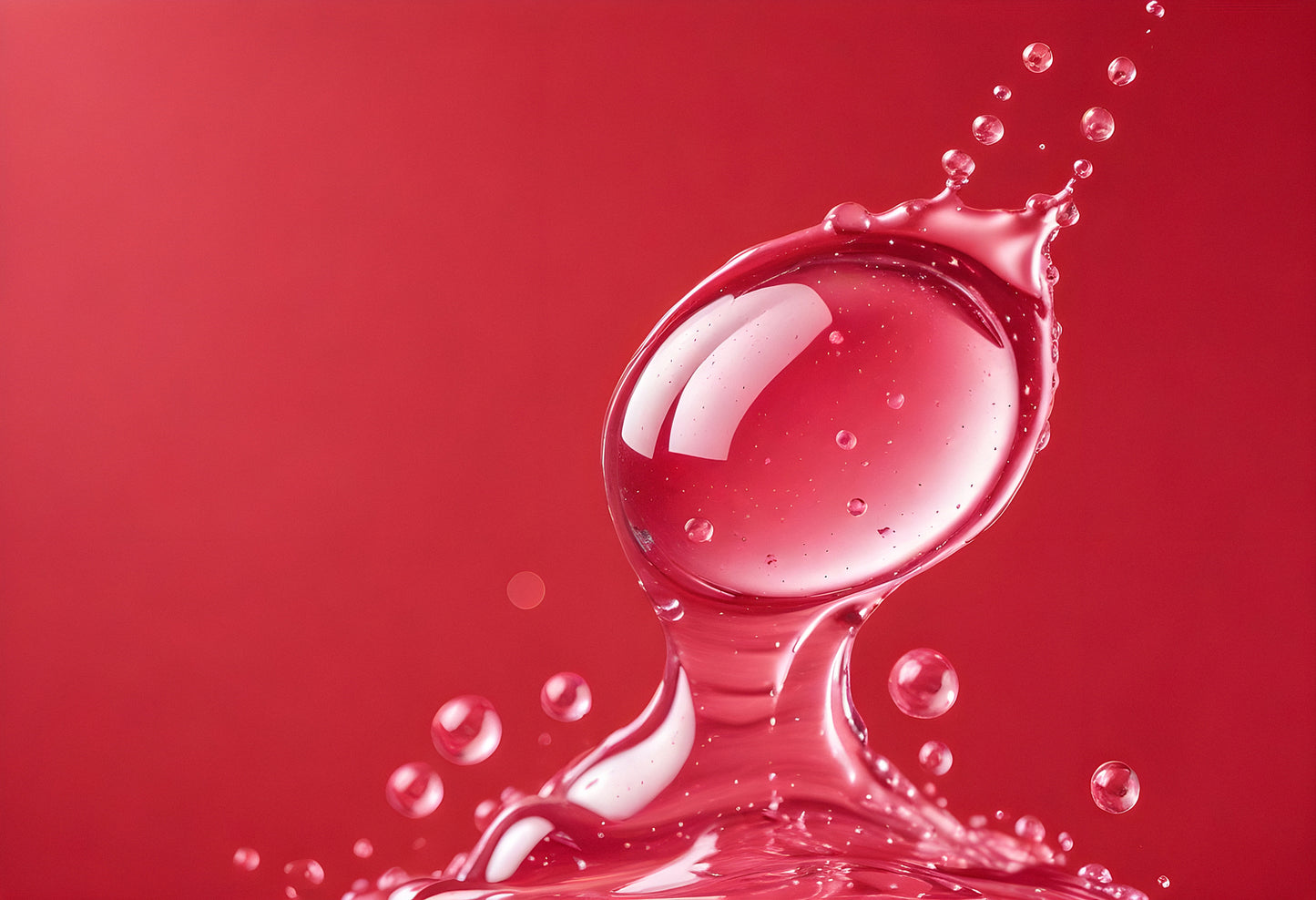 Droplets of water form a striking shape against a vivid red background during a creative liquid photography session