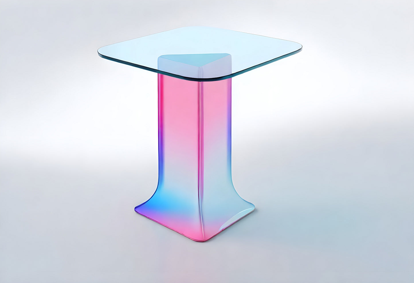 Modern glass table with a gradient design showcasing vibrant blue and pink colors in a minimalistic setting