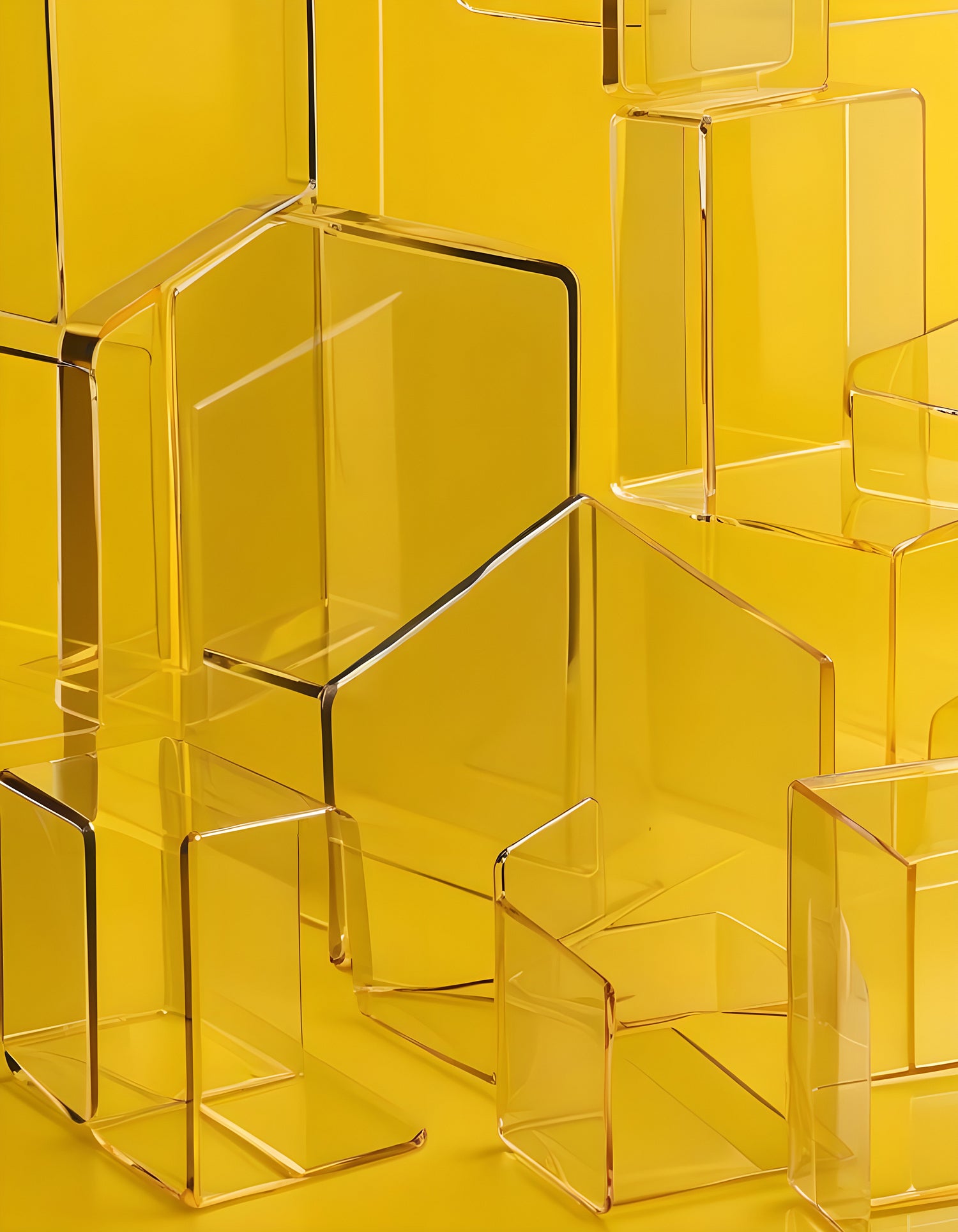 Clear acrylic blocks arranged artistically against a bright yellow background showcasing geometric shapes and modern design elements. Generative AI