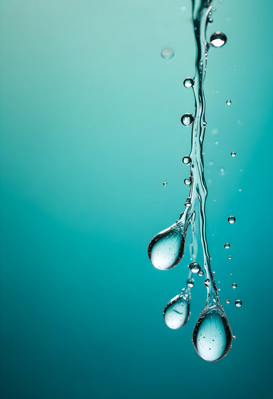 Water droplets on a thin surface with a blurred turquoise background amidst soft light reflections. Generative AI