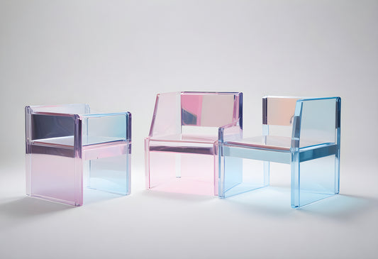 Three modern transparent chairs in soft pastel colors displayed against a neutral background, showcasing contemporary design aesthetics