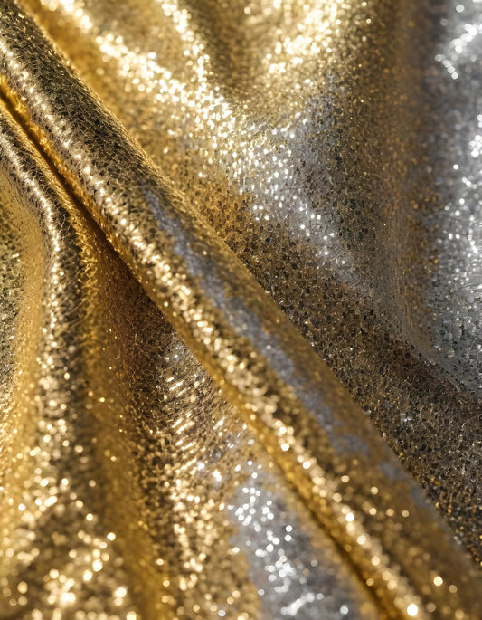 Metallic golden and silver fabric creates elegant textures with intricate folds and reflections under soft lighting