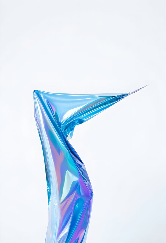 A translucent, iridescent draped structure resembling a wave captured against a light backdrop showcasing modern design aesthetics