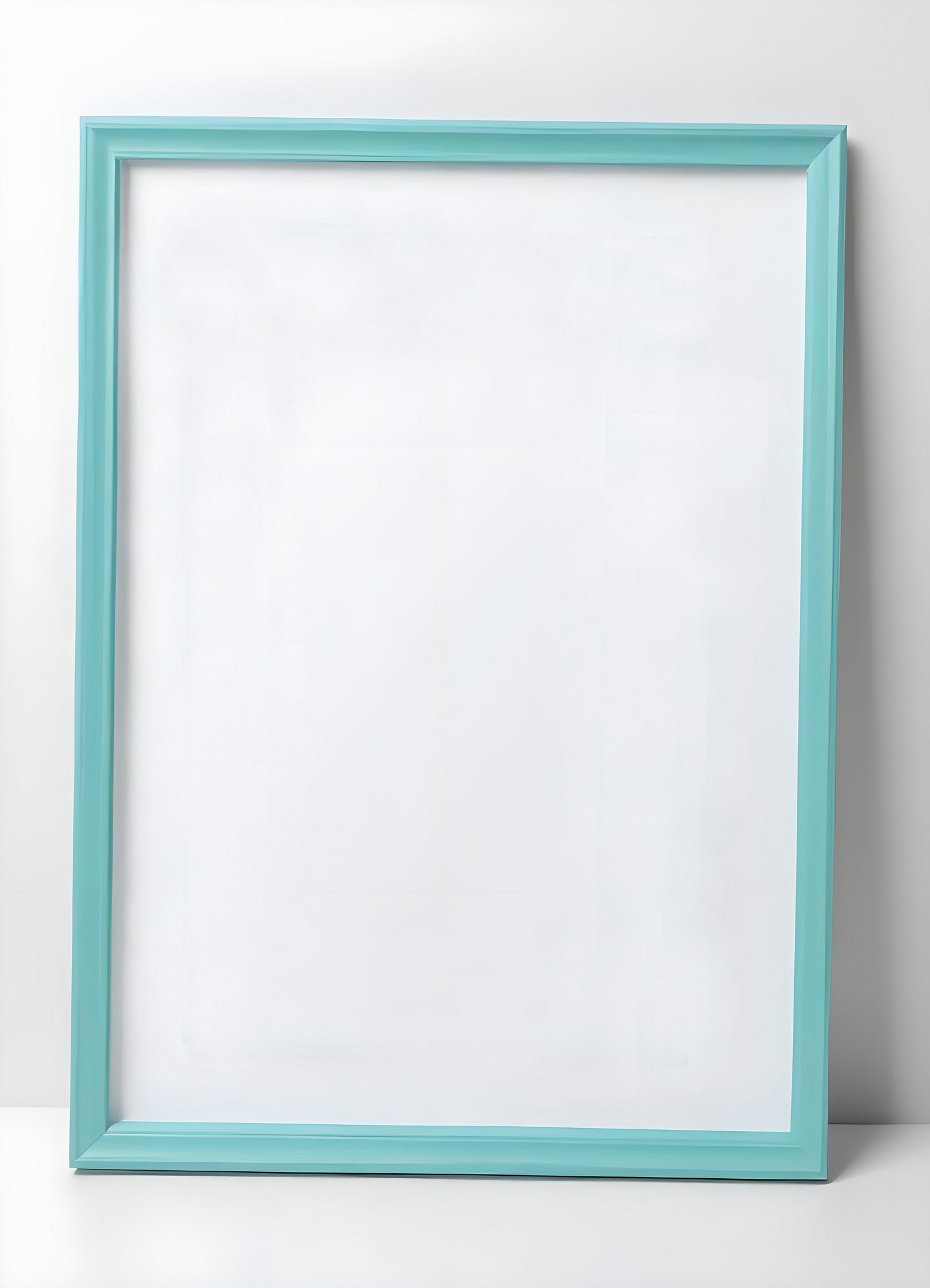 Empty turquoise frame displayed against a light backdrop for creative use in home decor or art projects