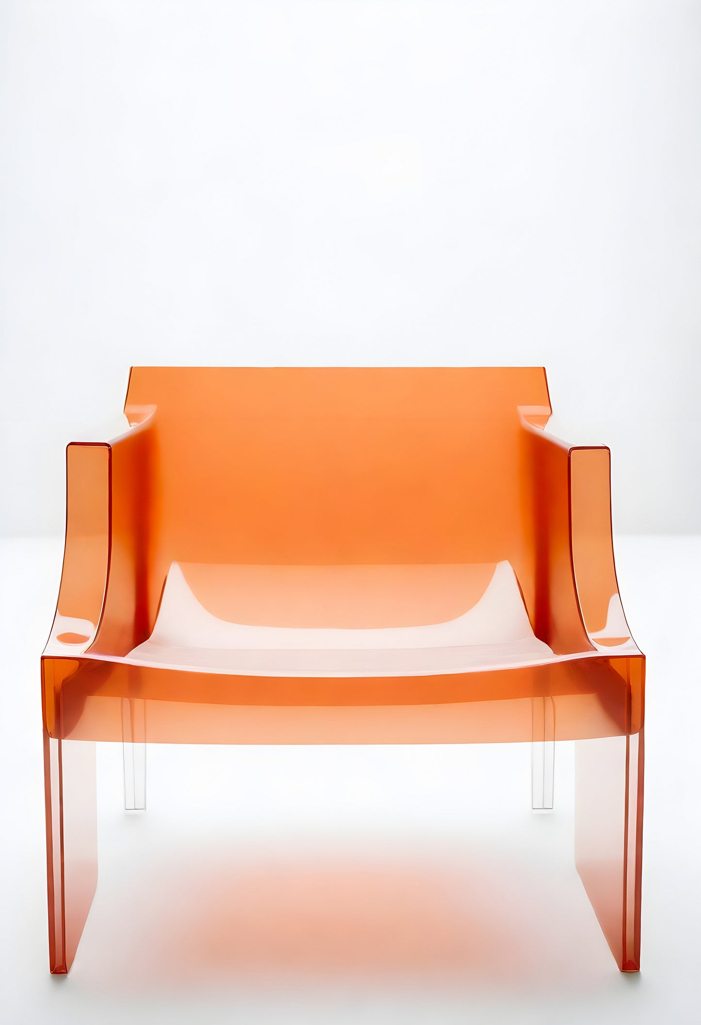 Transparent orange chair design displayed against a minimalist white background in a modern interior setting