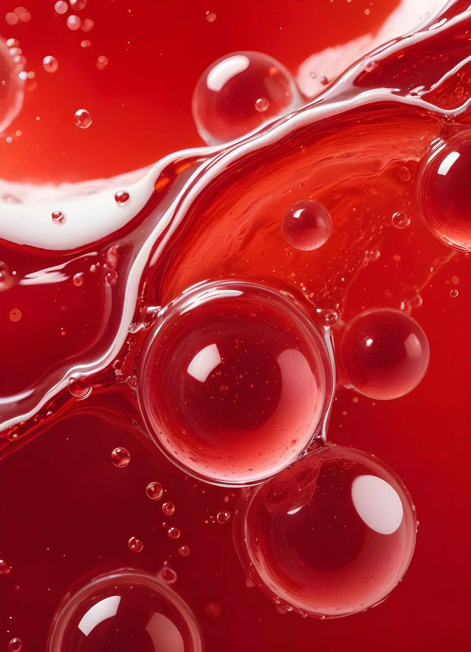 Abstract close-up of red liquid with bubbles and droplets, showcasing the interplay of colors and textures in a vibrant manner. Generative AI