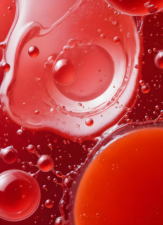 Abstract close-up of red liquid with bubbles and droplets, showcasing the interplay of colors and textures in a vibrant manner. Generative AI