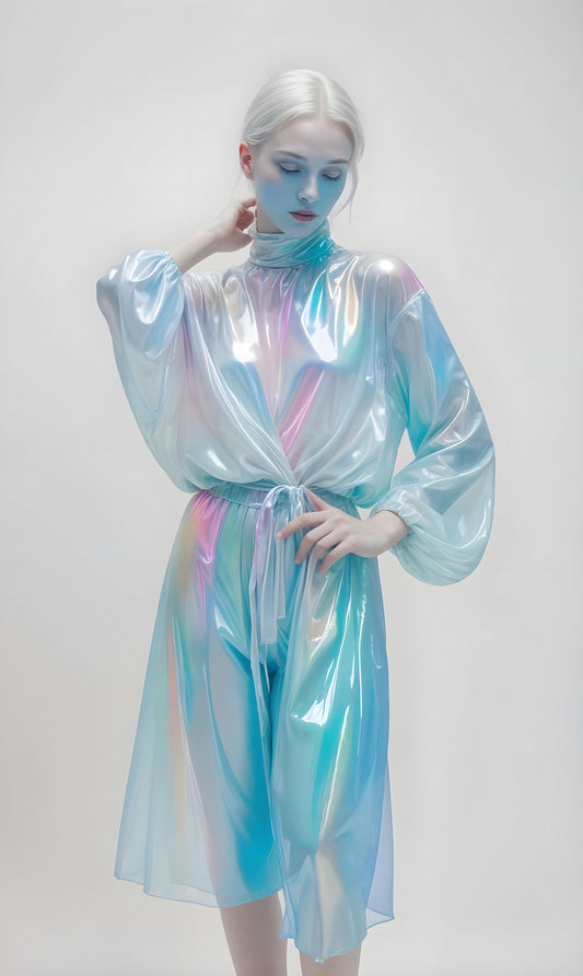 A model showcases an iridescent dress with pastel hues against a light backdrop in a contemporary fashion setting