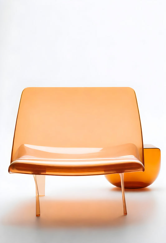 Modern transparent orange chair and bowl set designed for minimalist interiors in a light studio setting